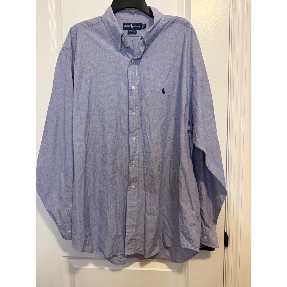 Ralph Lauren Button Down Mens 17.5 36/37 Blue Striped Excellent Yarmouth Cotton